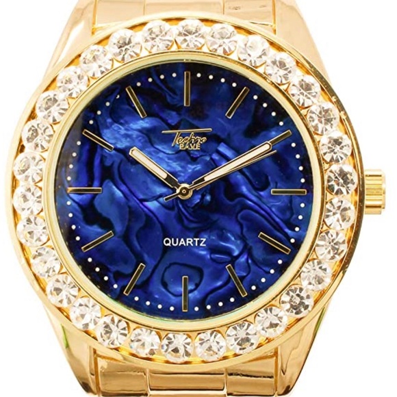 Gold Iced Out Marble Dial Watch w/Solitaire Bezel - Picture 2 of 8